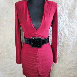 Bebe Women's Burgundy Bodycon Rachel Deep Leather Belted Dress XS